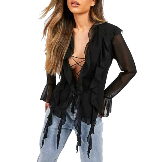 Damen Rüschenshirt mit eleganten Schnürdetails und transparenten Ärmeln R&B
