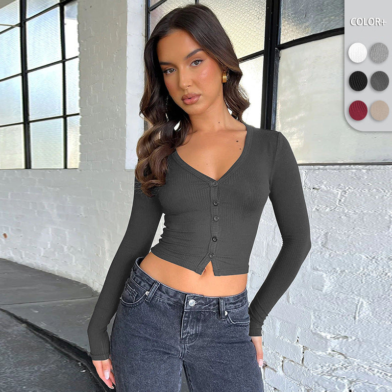 Damen figurbetontes Langarmshirt mit Knopfleiste R&B