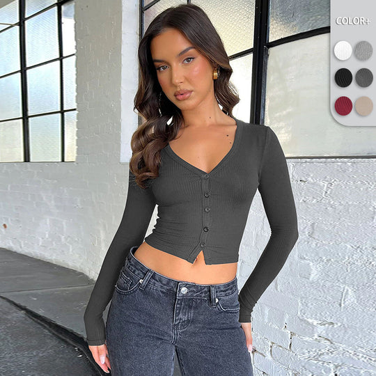 Damen figurbetontes Langarmshirt mit Knopfleiste R&B