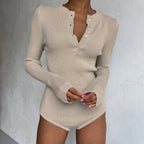 Damen Langarm-Bodysuit mit Knopfleiste und Rippstruktur R&B