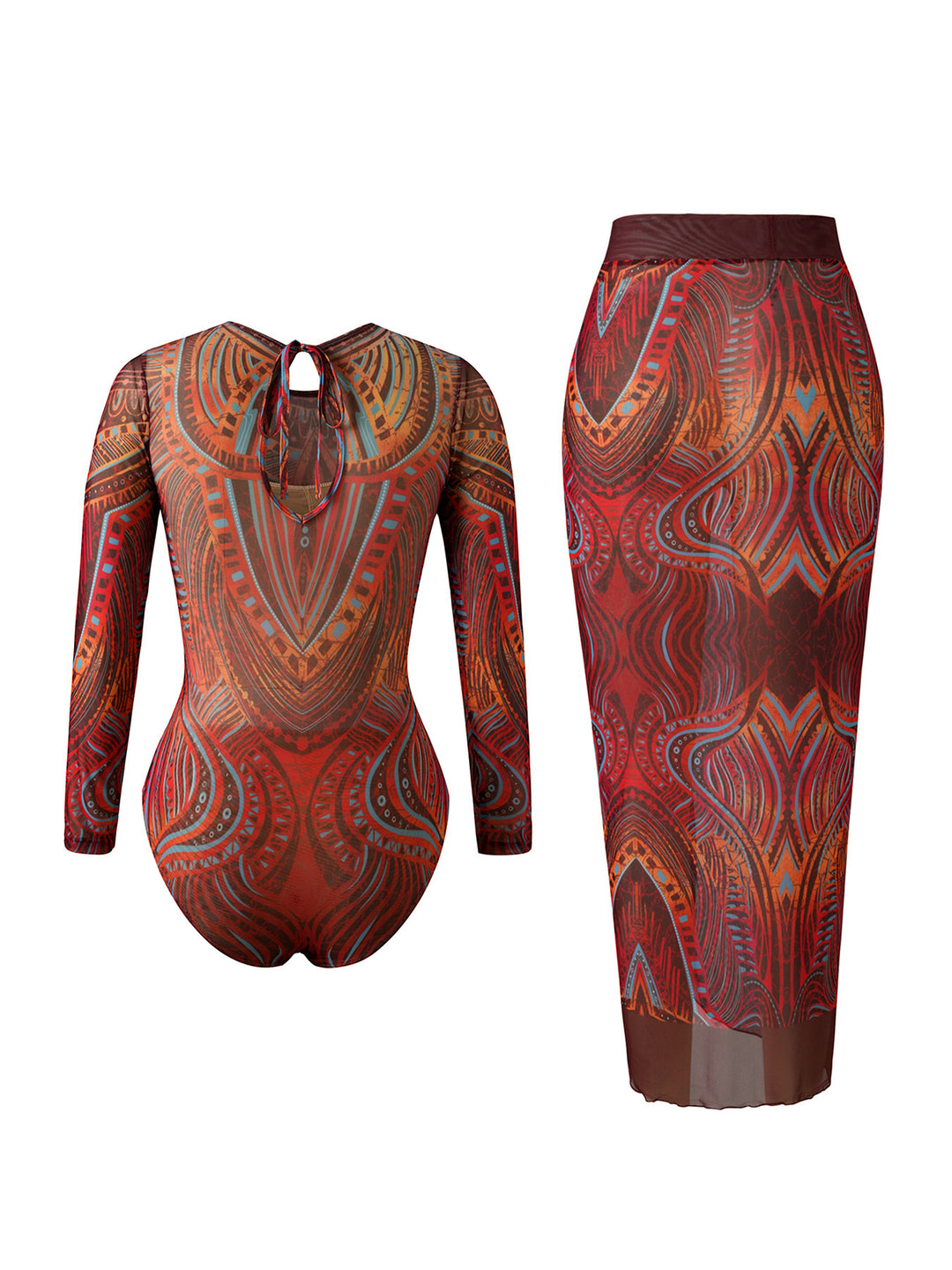 Damen Eleganter Badeanzug mit langem Arm und transparente Wickelrock R&B