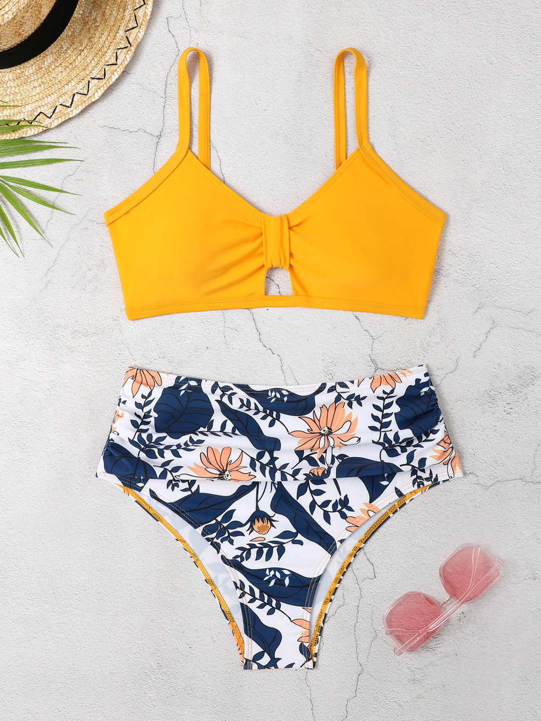 Damen Bikini-Set mit floralem Hochbund und modischem Knoten R&B