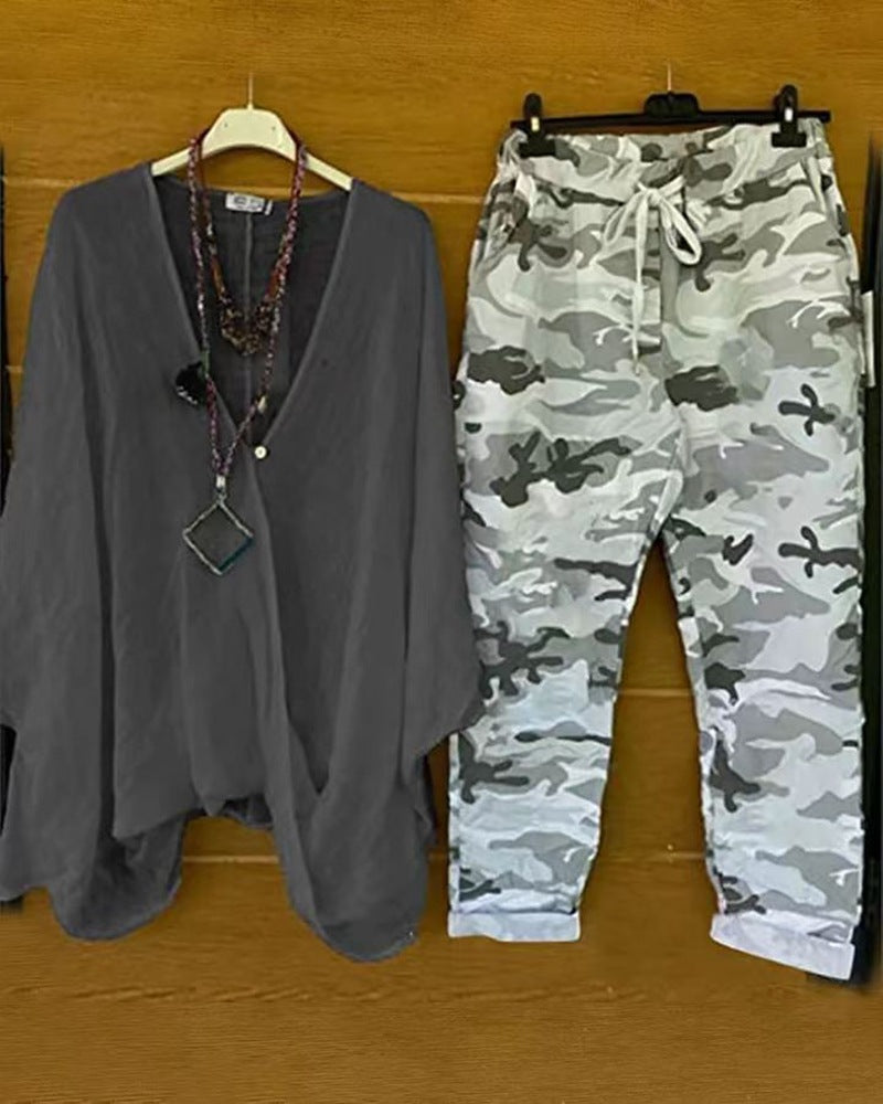 Damen nan Zweiteiler aus fließendem Kimono-Top und Camouflage-Jogginghose R&B