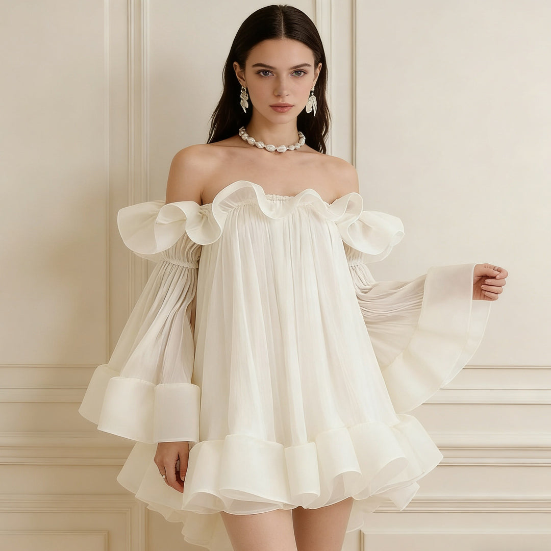 Damen Verspielt-romantisches Minikleid mit Volants und schulterfreiem Design R&B