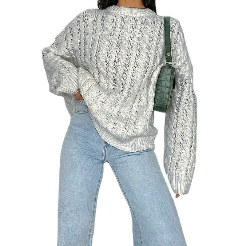 Damen grob gestrickter Pullover mit Zopfmuster und weitem Schnitt R&B