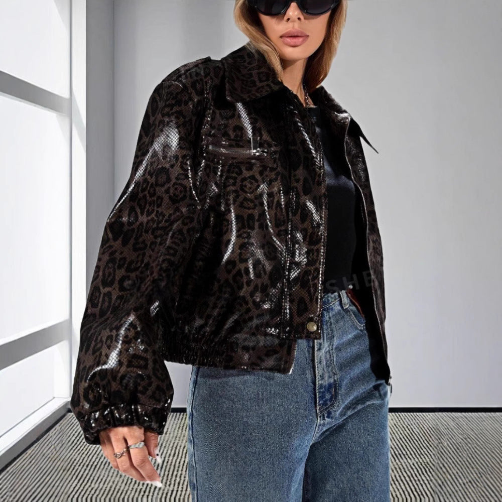 Damen Kunstleder Bikerjacke im Leo-Design R&B