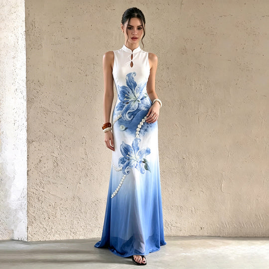 Damen Maxikleid mit floralem Design und elegantem Kragen R&B