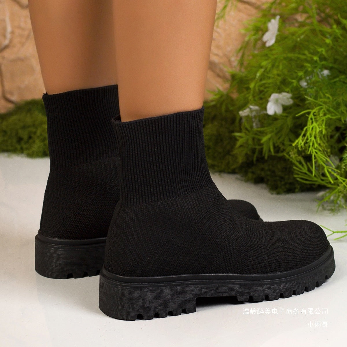 Damen nan gestrickte Sock-Stiefelette mit elastischem Rippbund stoßdämpfender Leichtsohle und robustem Traktorprofil R&B