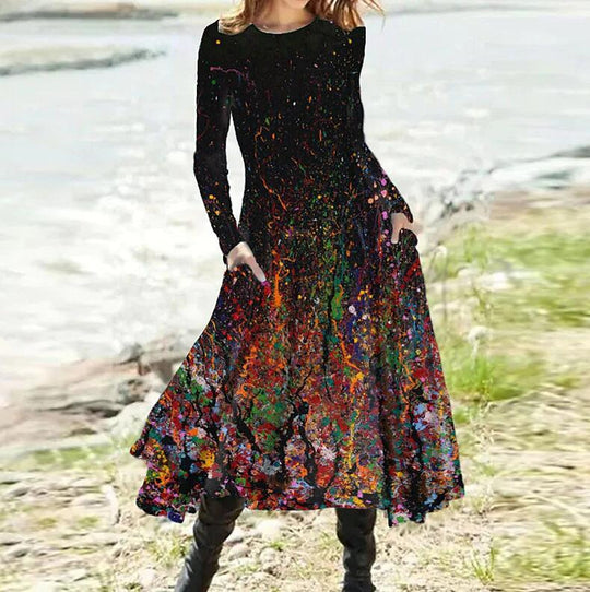Damen nan A-Linien-Midikleid mit abstraktem Spritzmuster, Rundhalsausschnitt, langen Ärmeln und Eingrifftaschen R&B