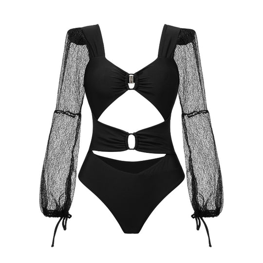 Damen Cut-Out Badeanzug mit langem, transparenter Ärmel R&B