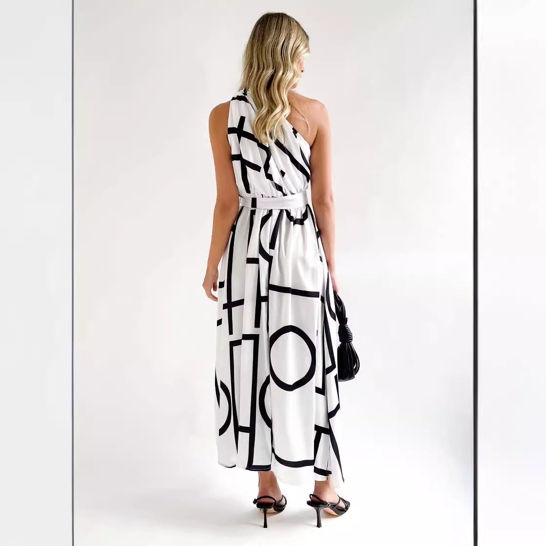 Damen Maxikleid mit asymmetrischem Ausschnitt und elegantem Bindegürtel R&B