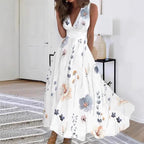 Damen Blumiges A-Linien Maxikleid mit V-Ausschnitt und eleganten Trägern R&B