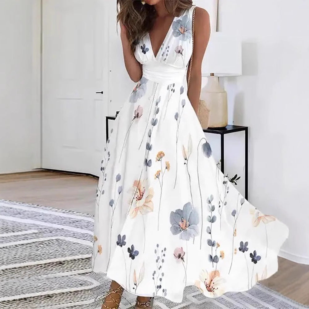 Damen Blumiges A-Linien Maxikleid mit V-Ausschnitt und eleganten Trägern R&B