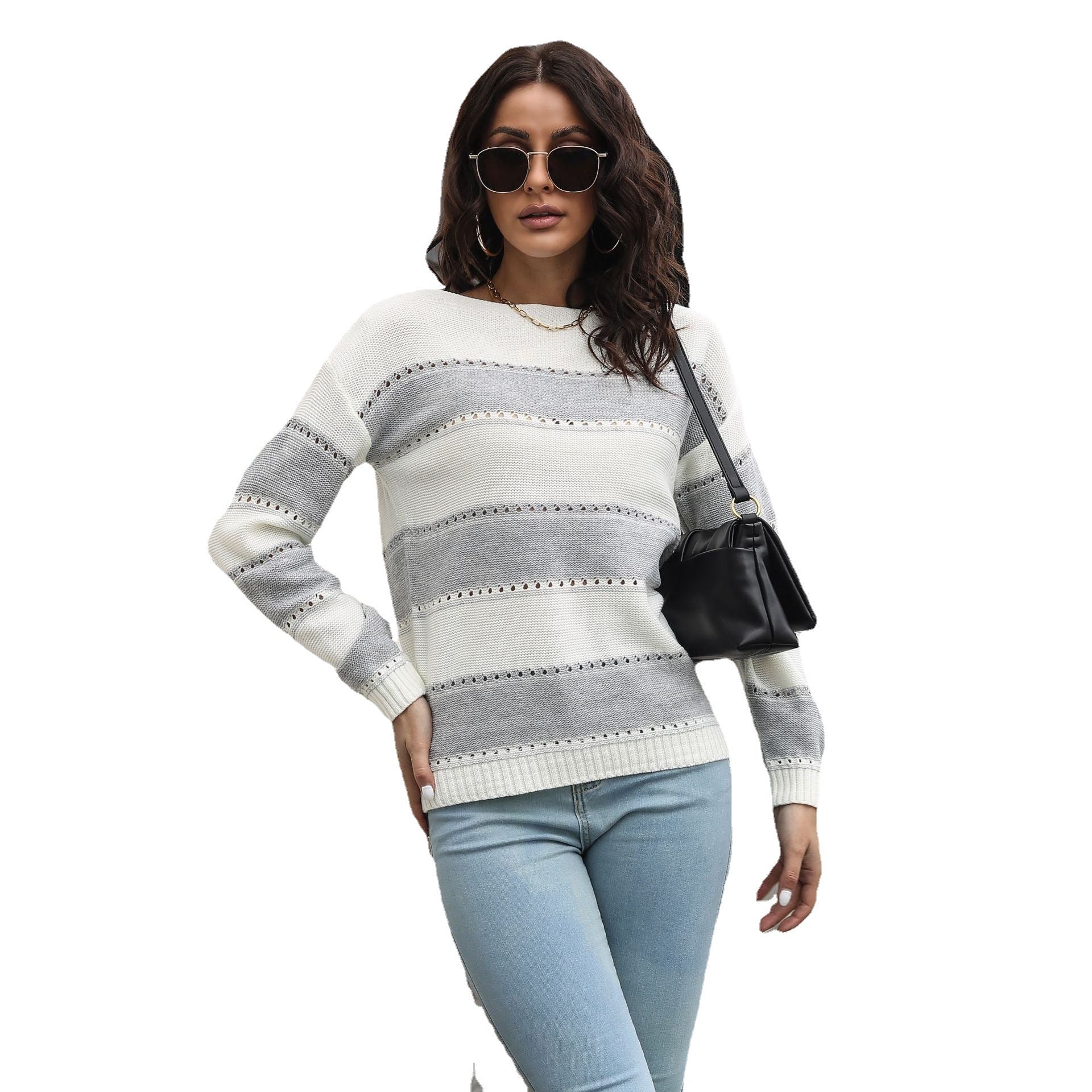 Damen Freizeit Pullover mit modernem Lochmuster und Streifen-Design R&B