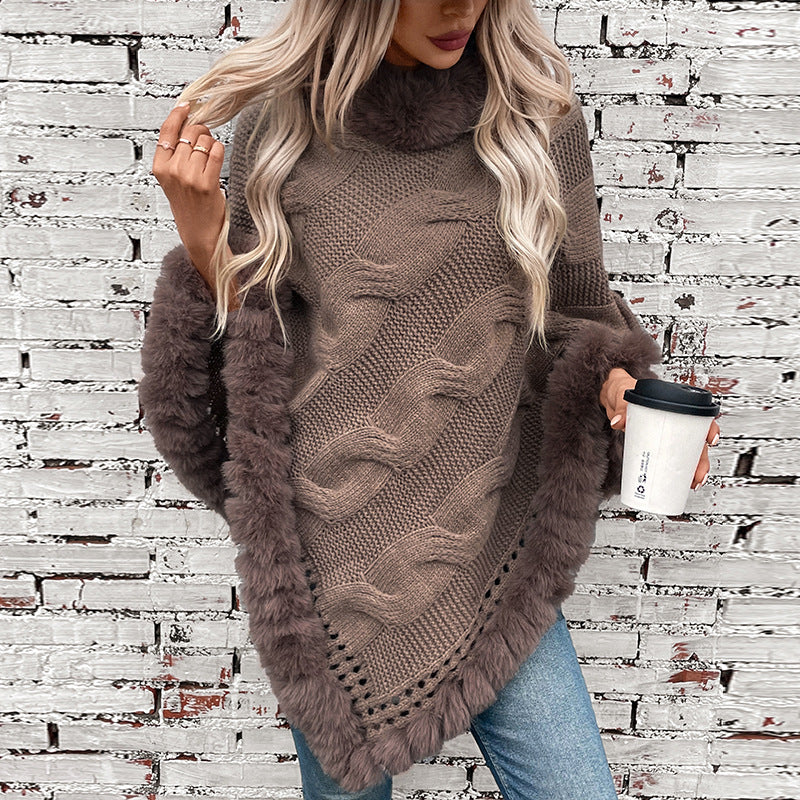 Damen kuschelige Strick-Poncho mit weichem Kunstfellbesatz und Zopfmuster R&B