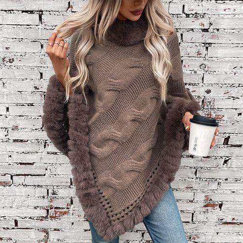 Damen kuschelige Strick-Poncho mit weichem Kunstfellbesatz und Zopfmuster R&B