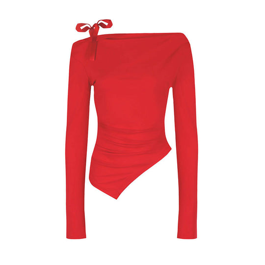 Damen asymmetrisches Langarmoberteil mit dekorativer Schleife R&B
