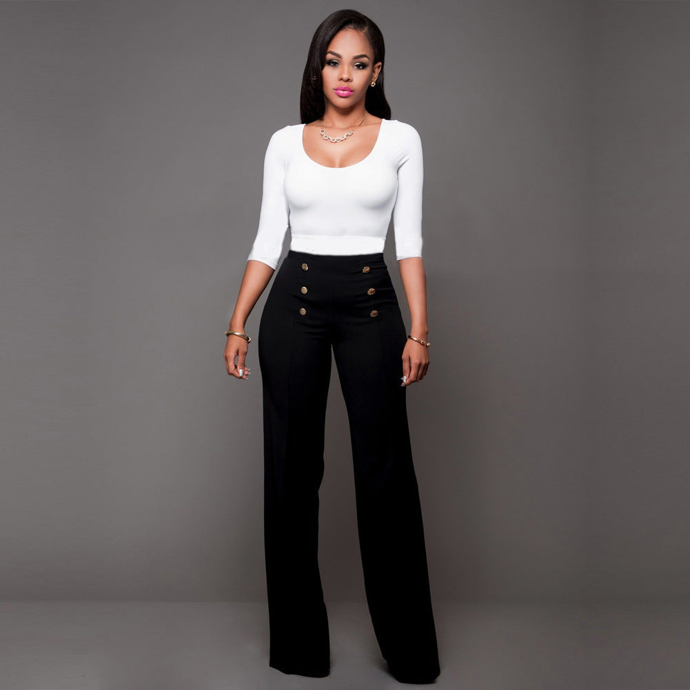 Damen hochtaillierte Palazzo-Hose mit dekorativen Knopfdetails R&B