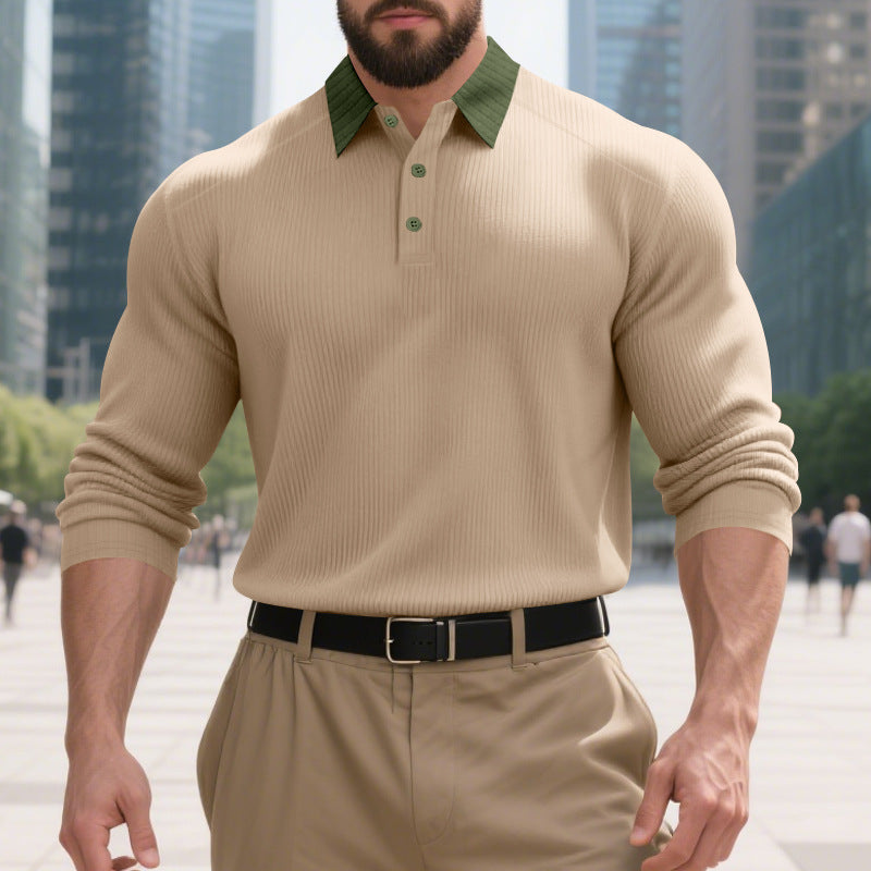 Herren langärmliges Polo-Hemd mit strukturierter Oberfläche und innovativem Kragen R&B