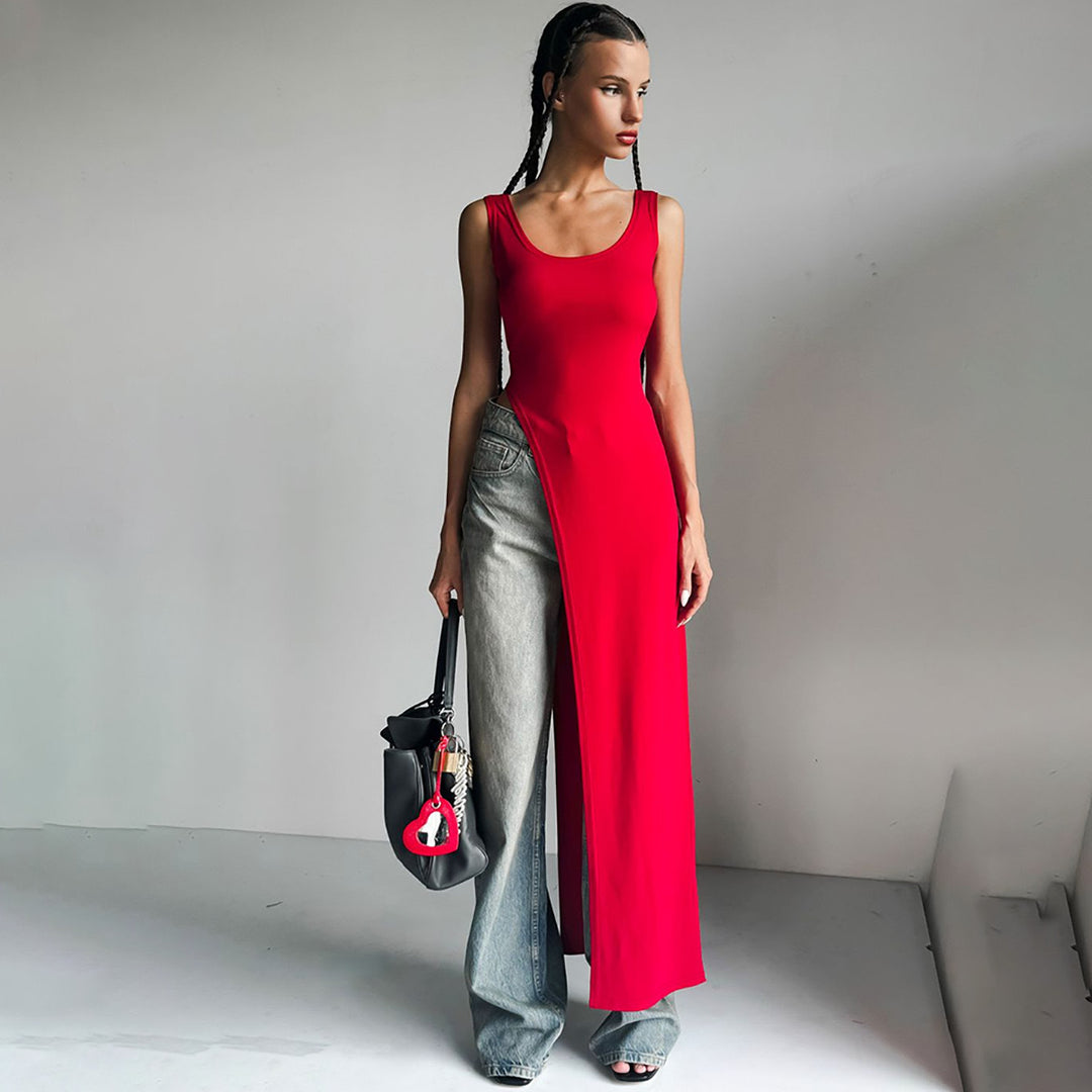 Damen Maxikleid mit asymmetrischem Schnitt und fließendem Stoff R&B