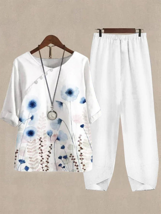 Damen Freizeit Oberteil mit floralem Muster und bequemer Hose R&B