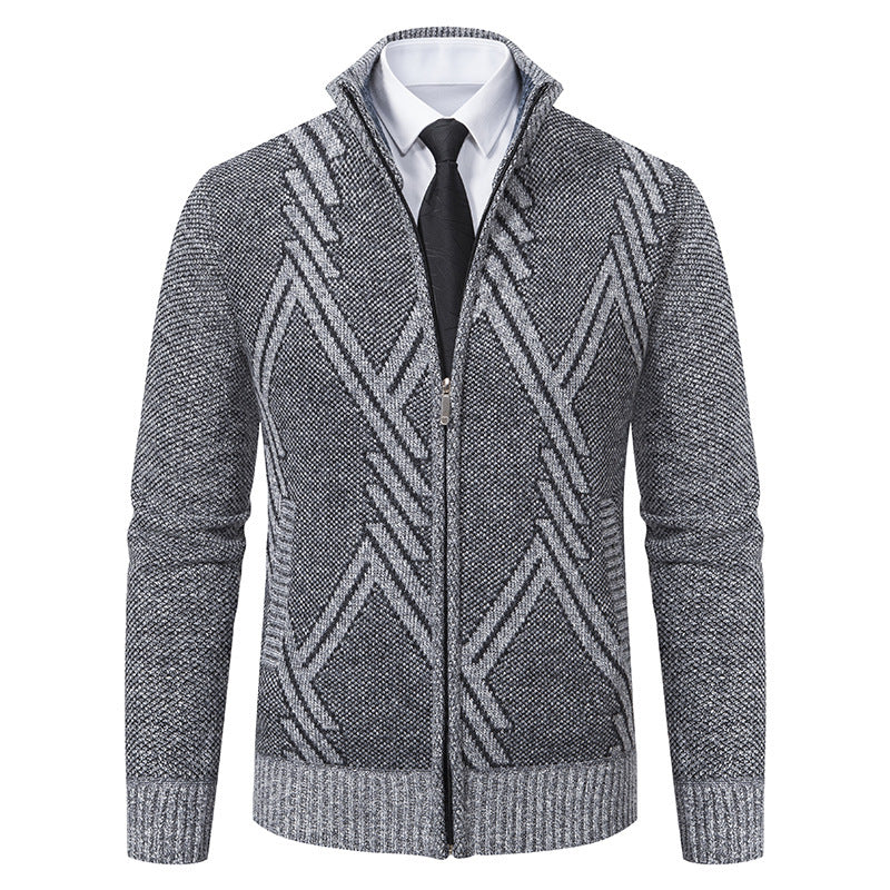Herren elegante Strickjacke mit strukturiertem Zopfmuster und hochschließendem Kragen R&B