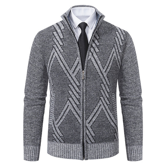 Herren elegante Strickjacke mit strukturiertem Zopfmuster und hochschließendem Kragen R&B