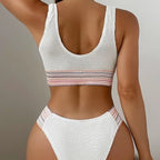 Damen Bikini mit hohem Beinausschnitt und elastischem Streifenmuster R&B