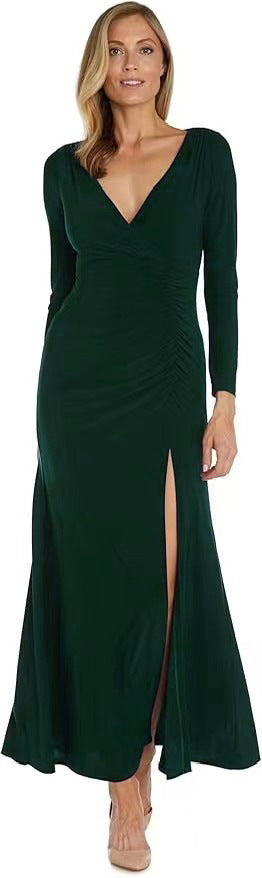 Damen elegantes Maxikleid mit hohem Schlitz und raffiniertem V-Ausschnitt R&B