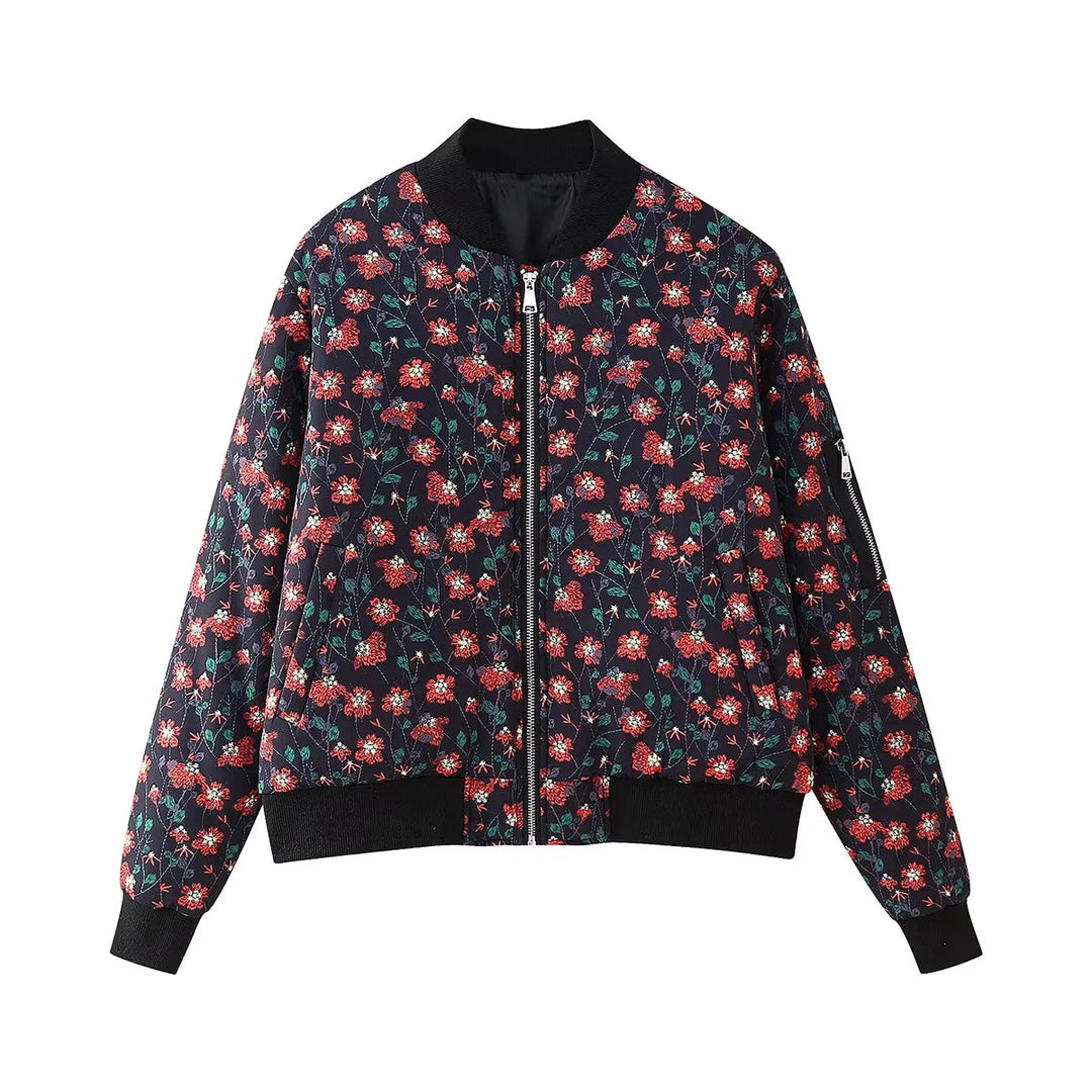 Damen stylische Bomberjacke mit floralen Mustern und elastischen Bündchen R&B