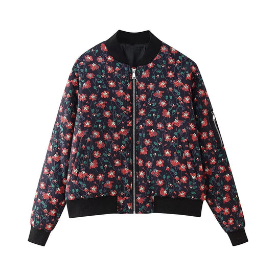 Damen stylische Bomberjacke mit floralen Mustern und elastischen Bündchen R&B