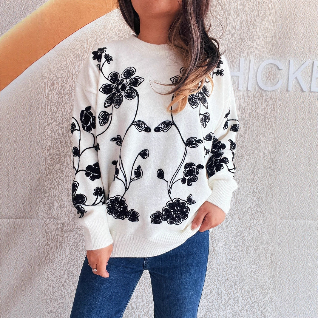 Damen lässiger Pullover mit floralem Stickdesign und modernem Schnitt R&B