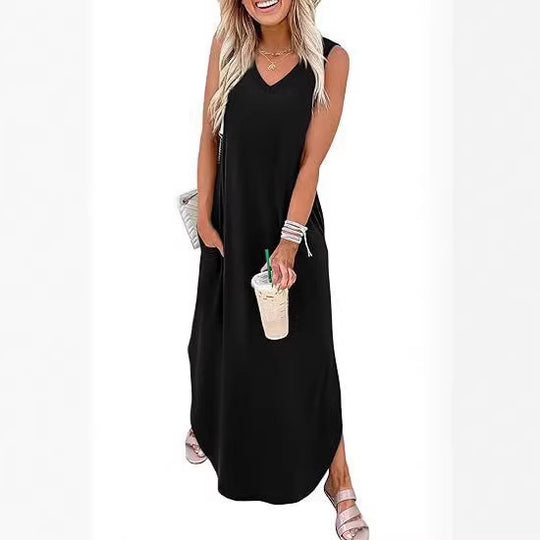 Damen Maxi-Kleid mit modernem V-Ausschnitt und praktischem Taschendesign R&B