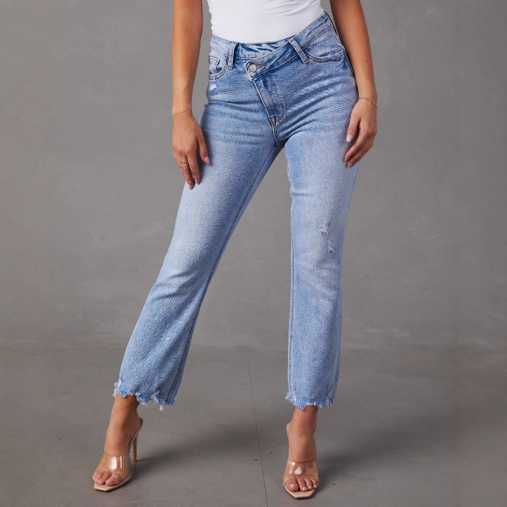 Damen Flared Jeans mit fransigen Säumen und modischem Distressed-Effekt R&B