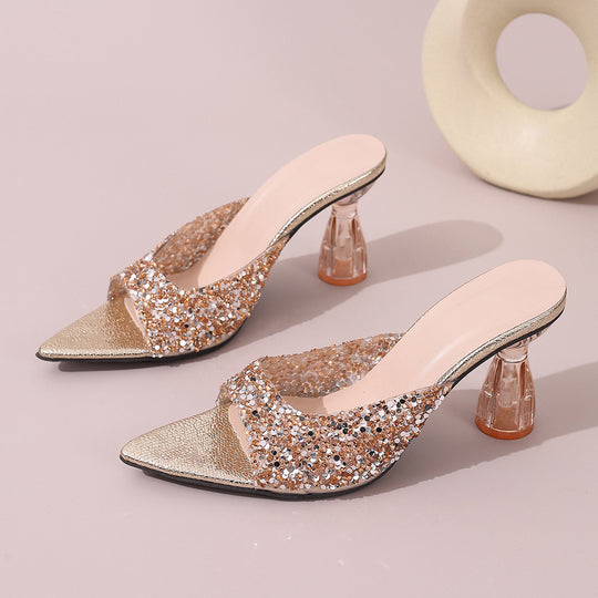 Damen Glamouröse und funkelnde High Heels mit transparentem Blockabsatz R&B