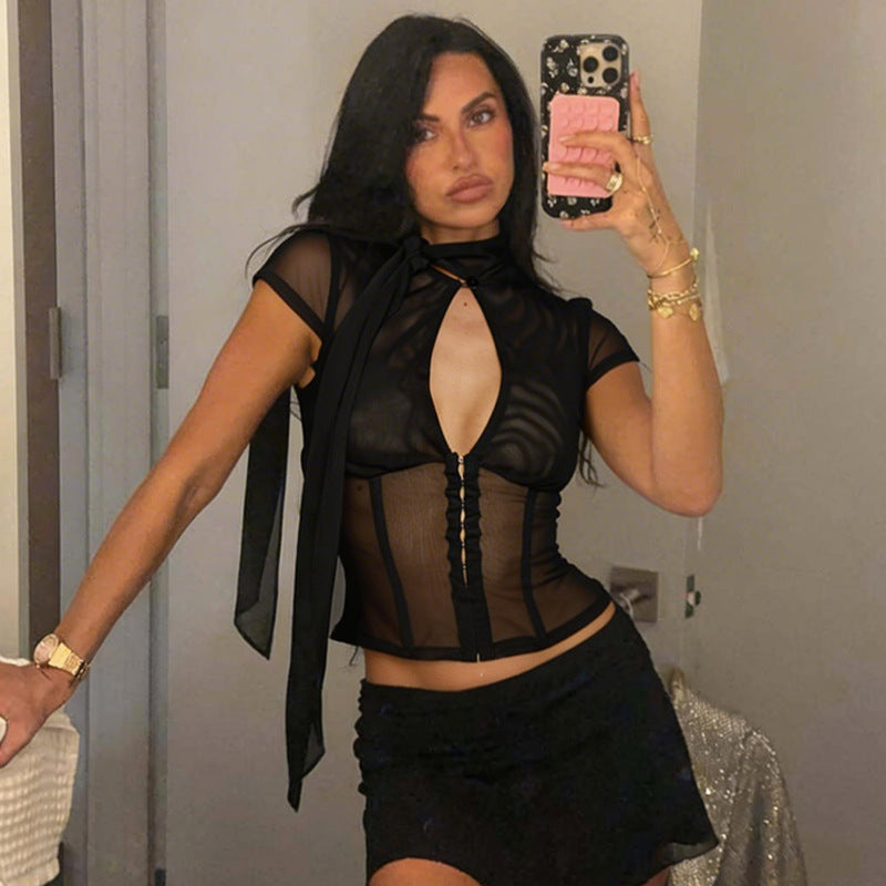 Damen Transparentes Spitzenoberteil mit Knotendetail R&B