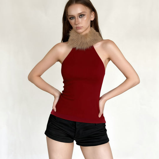 Damen elegantes langes Abendkleid mit raffiniertem Halter-Design und luxuriösem Kunstfellkragen R&B
