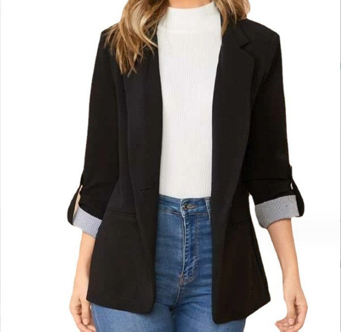 Damen stilvolle und vielseitige Blazerjacke mit umgeschlagenen Ärmeln R&B