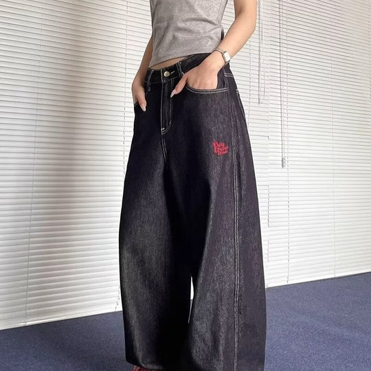 Damen weite Denim-Hose mit lässigem Schnitt und auffälligen Nähten R&B