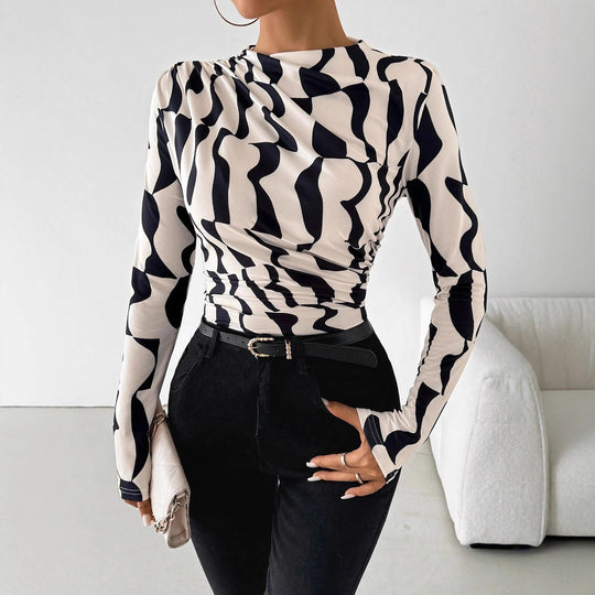 Damen nan tailliertes Langarmshirt mit seitlicher Raffung und Wasserfallausschnitt R&B