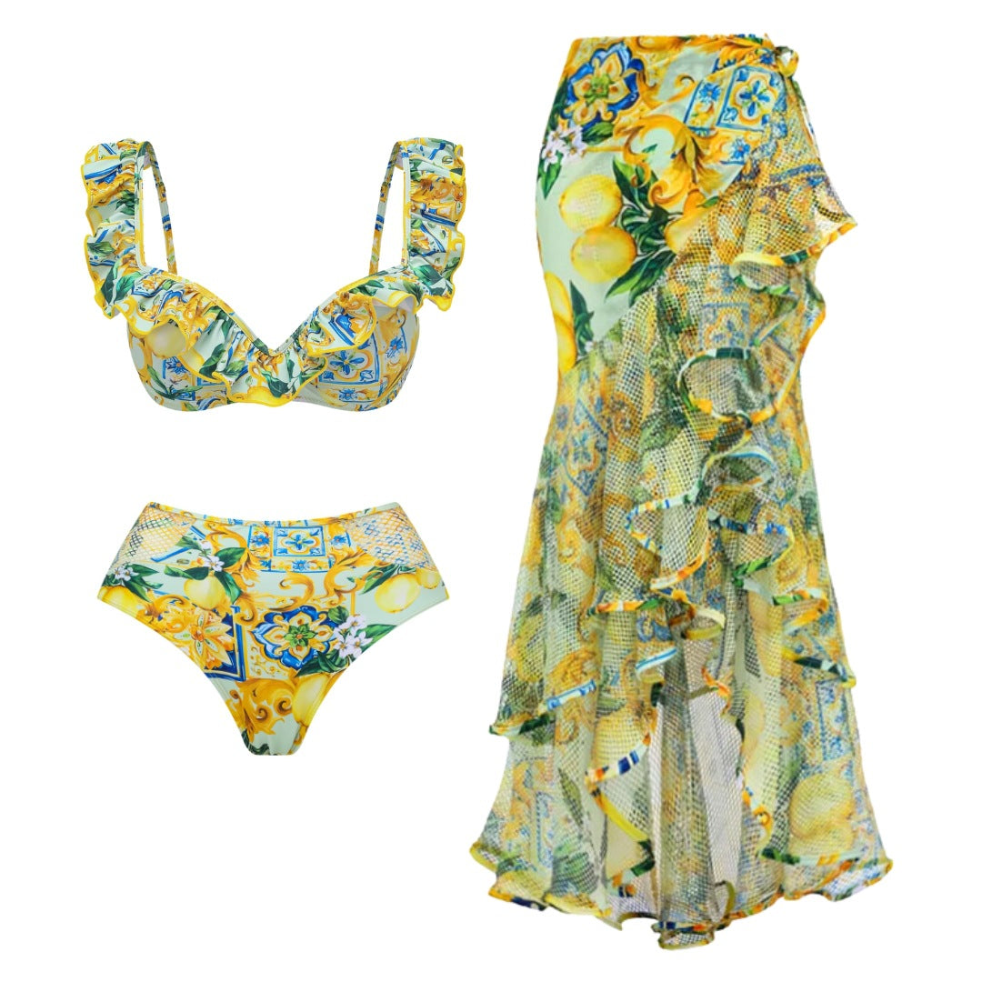 Damen Bikiniset mit elegantem Rüschendesign und maxi Rock R&B
