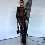 Damen Elegantes Spitzen-Maxikleid mit langem Arm und transparenten Akzenten R&B