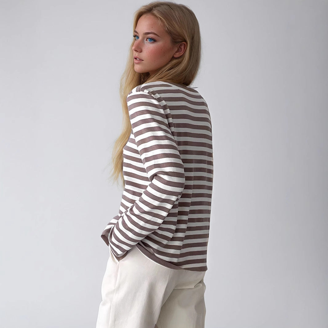 Damen gestreifter Langarmpullover mit Rundhalsausschnitt und lässigem Schnitt R&B