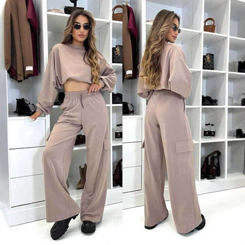 Damen lässiges Cargo-Loungewear-Set mit cropped Oberteil und weitem Bein R&B