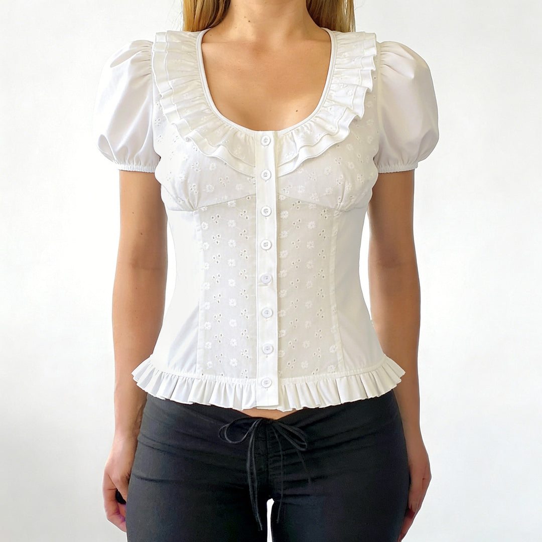 Damen Bluse mit verspieltem Rüschensaum und floralem Stickdesign R&B