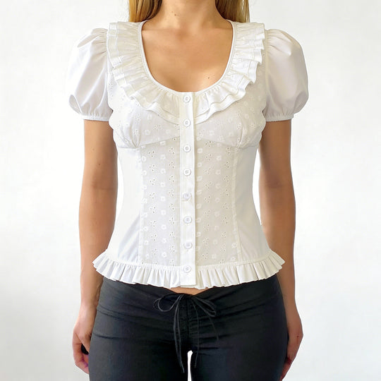 Damen Bluse mit verspieltem Rüschensaum und floralem Stickdesign R&B