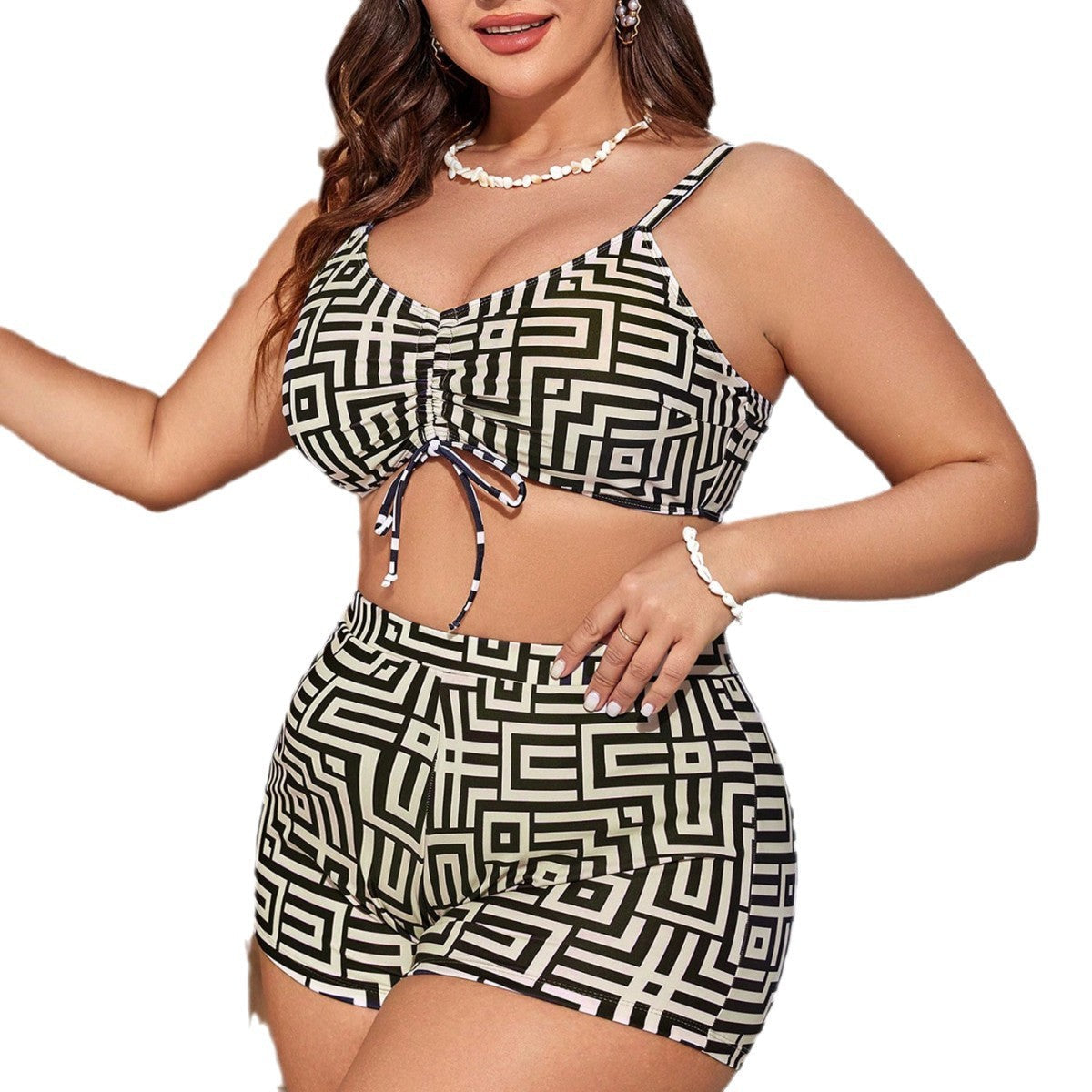 Damen Bikini-Set mit transparentem Überwurf und modischem geometrischen Muster R&B