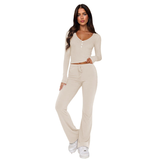 Damen bequemes Oberteil mit Knopfleiste und lockerer Hose R&B
