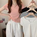 Damen Kurzarm T-Shirt mit elegantem V-Ausschnitt und modischem Detail