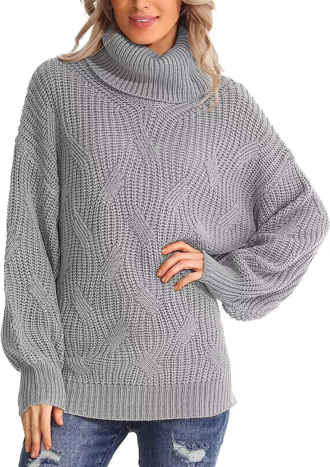 Damen Weicher Strickpullover mit hohem Kragen und Kabelmuster R&B